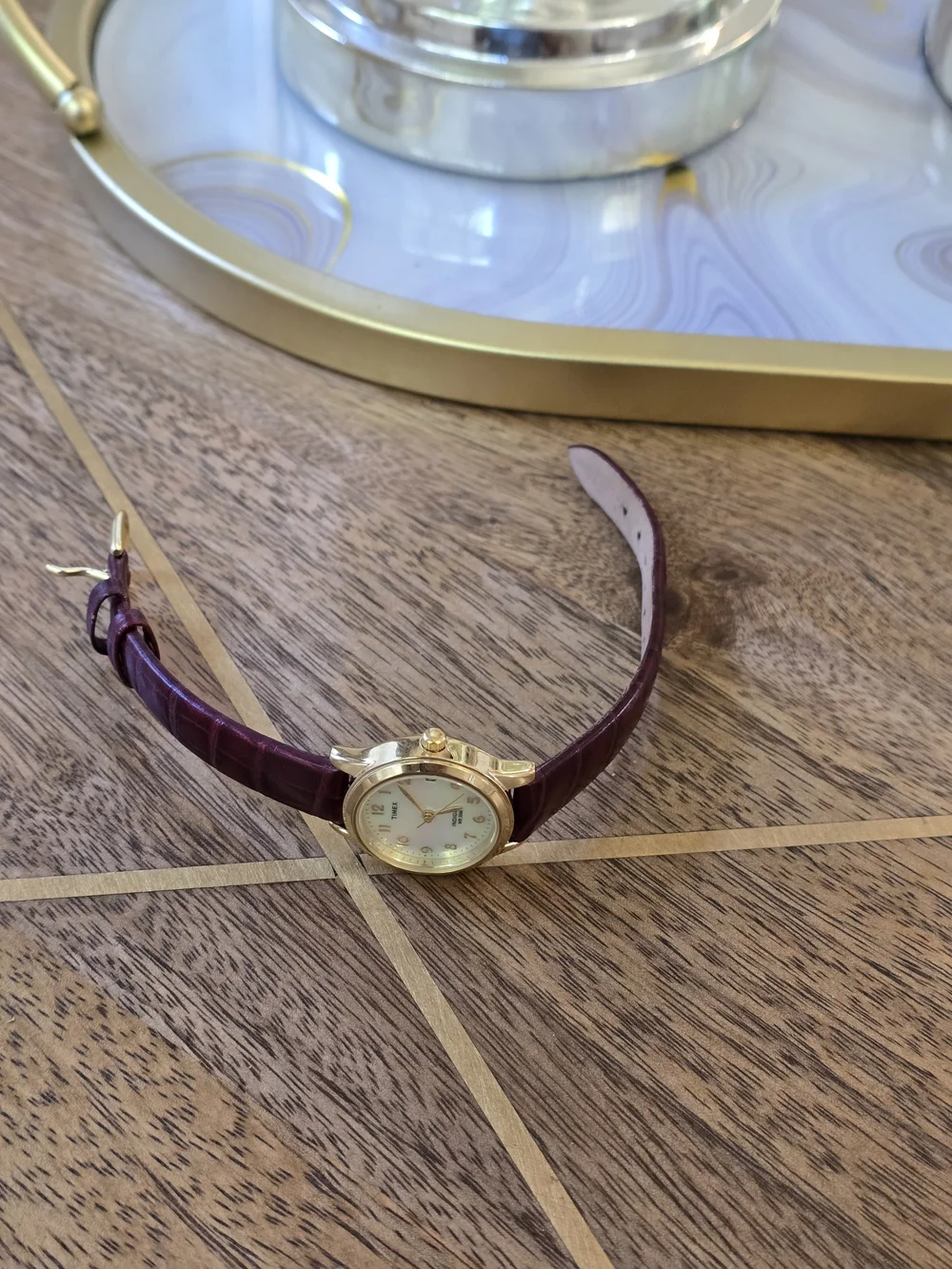 Timex Women's Gold Case Watch with Burgundy Leather Strap